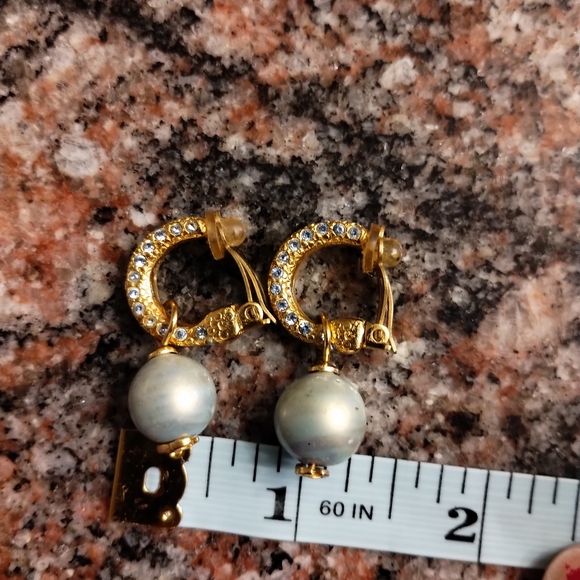 Chanel Vintage Earrings Coco Logo Motif Swing Pale Blue Rhinestone Gold Plated - Picture 7 of 12